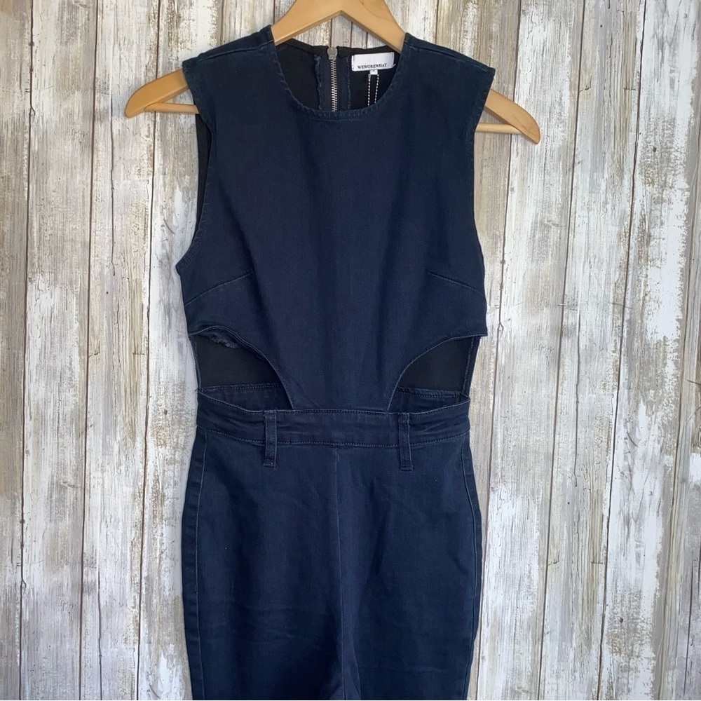 NWT WeWoreWhat Dani Denim Cutout Jumpsuit Dark Wash Blue Size 0 - Picture 2 of 9